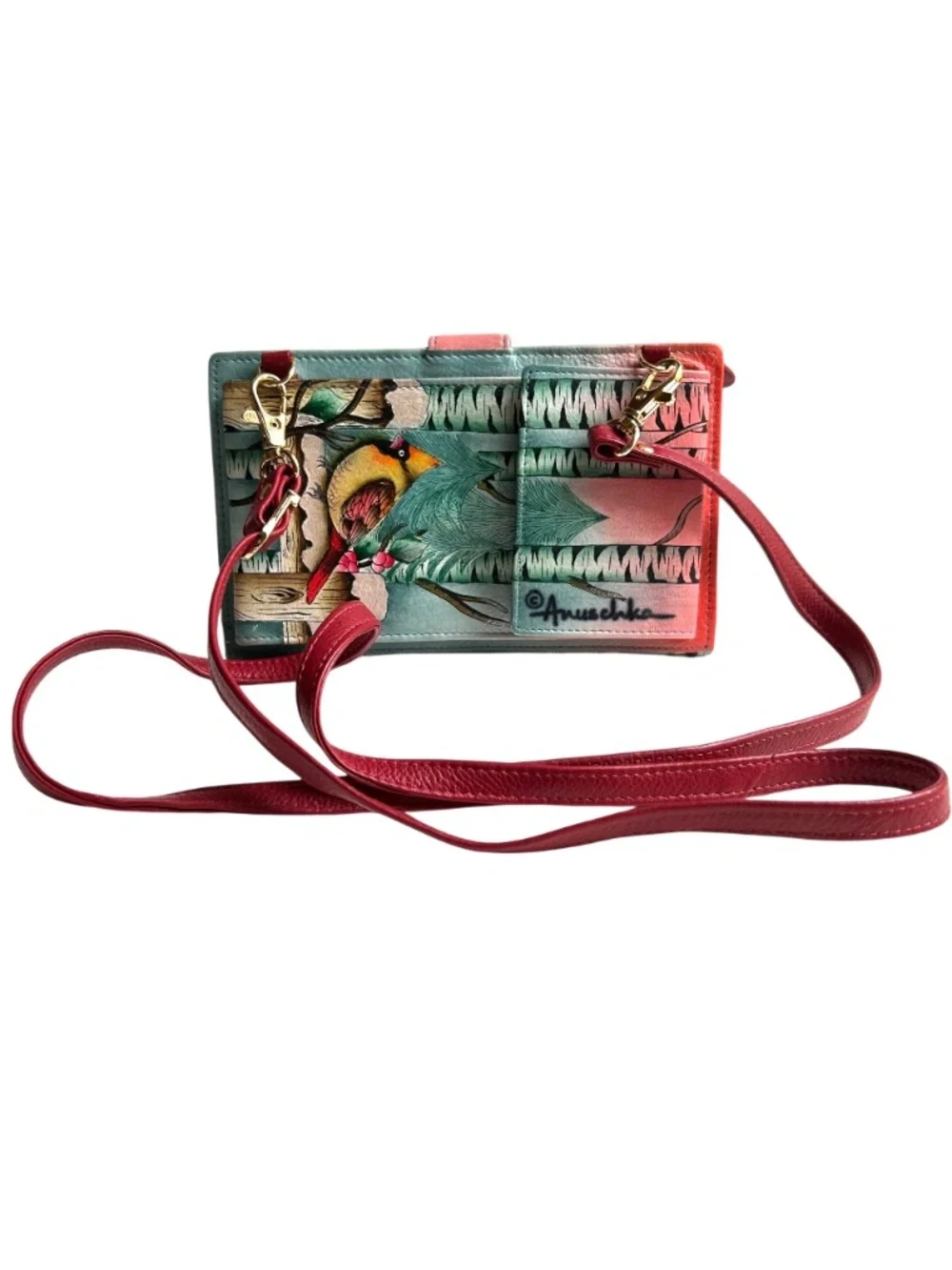 NWOT Anouschka Hand Painted Leather Crossbody Smartphone Wallet Bag